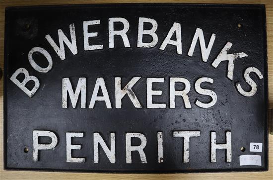 A cast iron sign Bowerbanks Makers Penrith 41 x 65cm